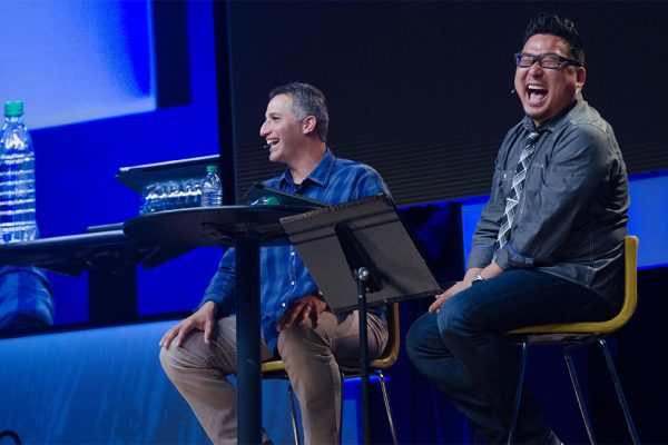 Men's pastor Tom Kang interviews Andy Pettitte at Saddleback Church's monthly Man Up event.