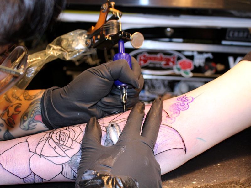 A closer look at Sanchez working on her client’s outline for a cover up tattoo. (Ashley Hern)